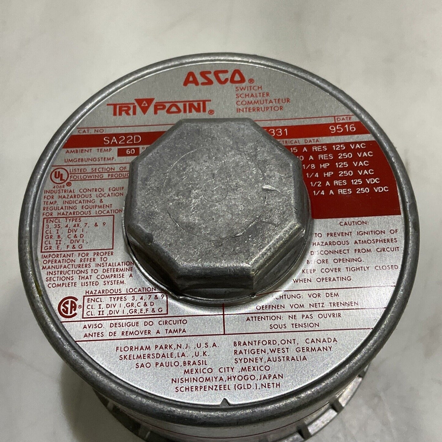 ASCO SA22D TRIPONT EXPLOSION PROOF PRESSURE SWITCH 125/250 V 15/10A 373