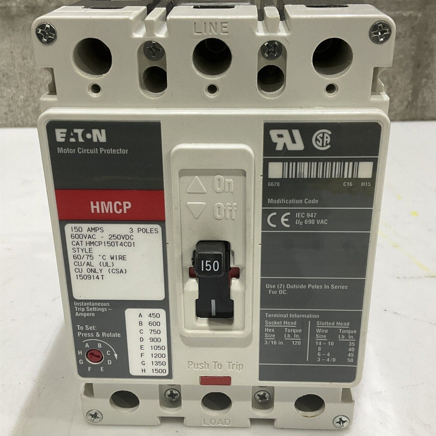 EATON HMCP150T4C01 MOTOR CIRCUIT PROTECTOR 150 AMPS 600VAC 3P 373