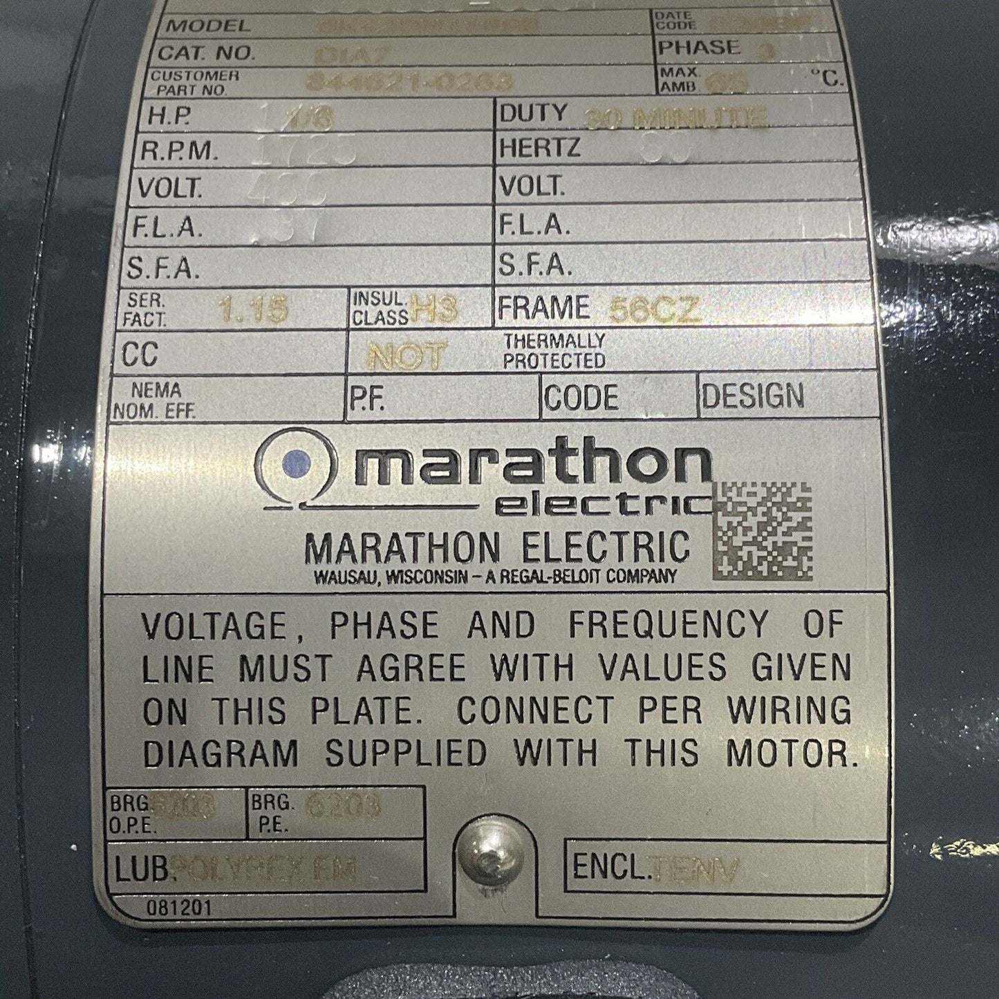 DIAMOND POWER MARATHON 5K42DN4169B 844621-0263 ELECTRIC MOTOR 1725 RPM 1/6HP 373