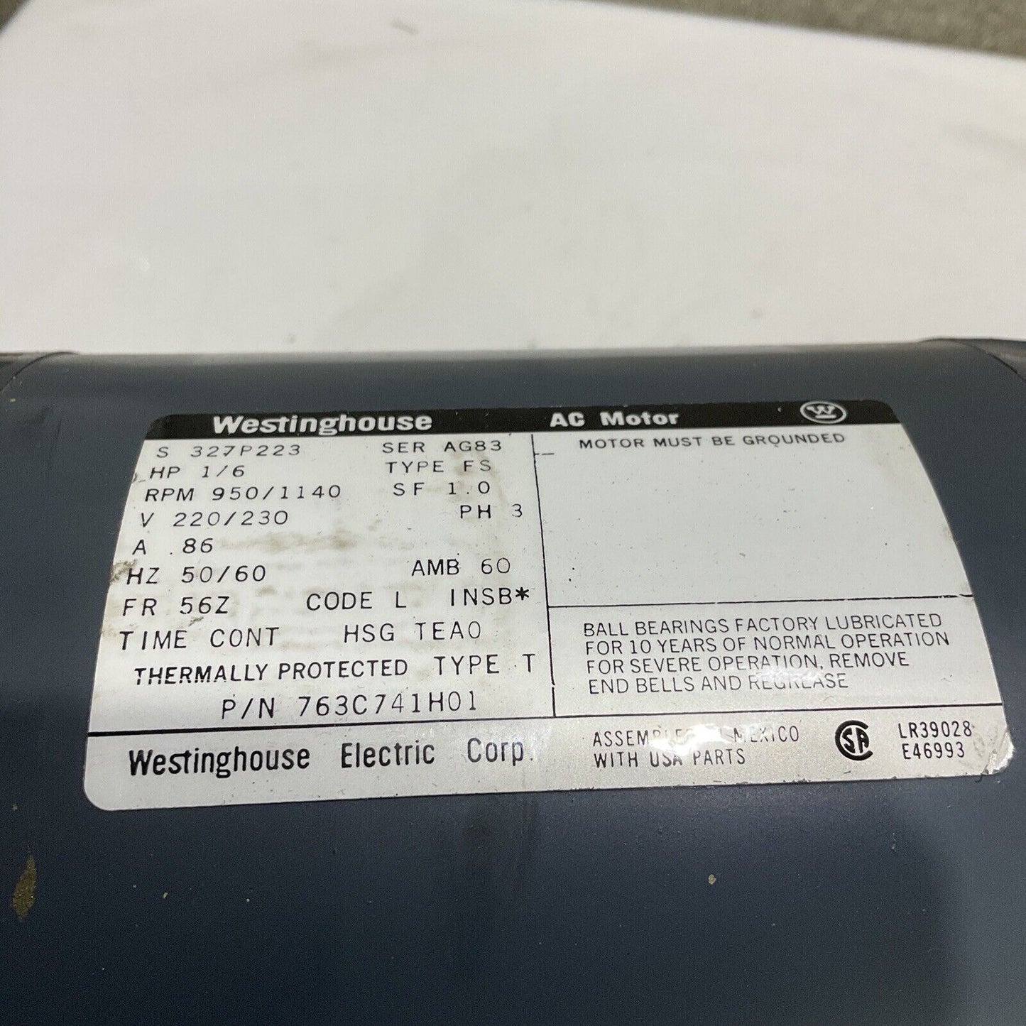 WESTINGHOUSE 763C741H01 AC MOTOR PH3 220/230V 50/60HZ 1/6 HZ 950/1140 RPM 373