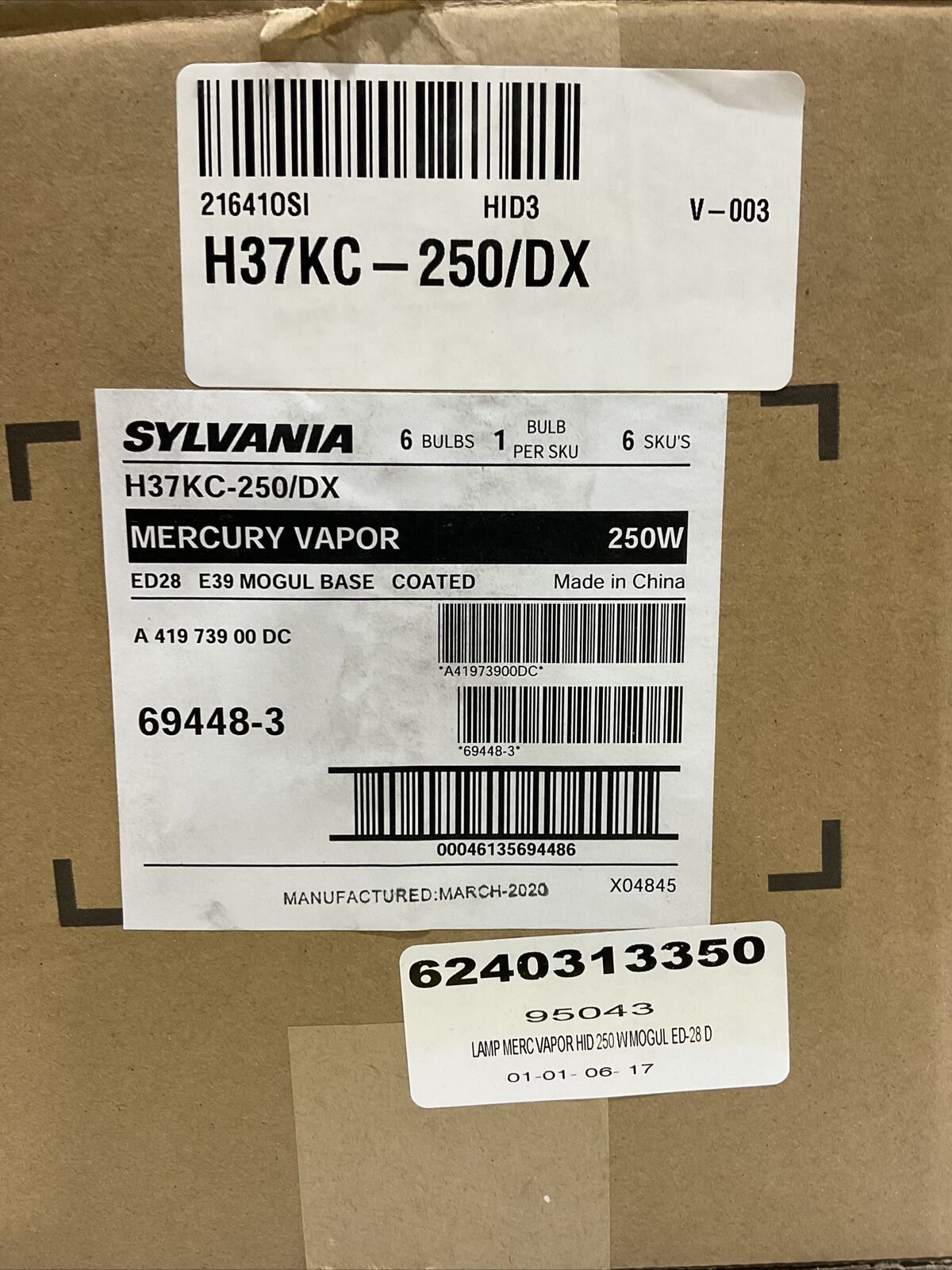 SYLVANIA ED28 H37KC-250/DX MERCURY VAPOR LAMP LOT OF 6 373