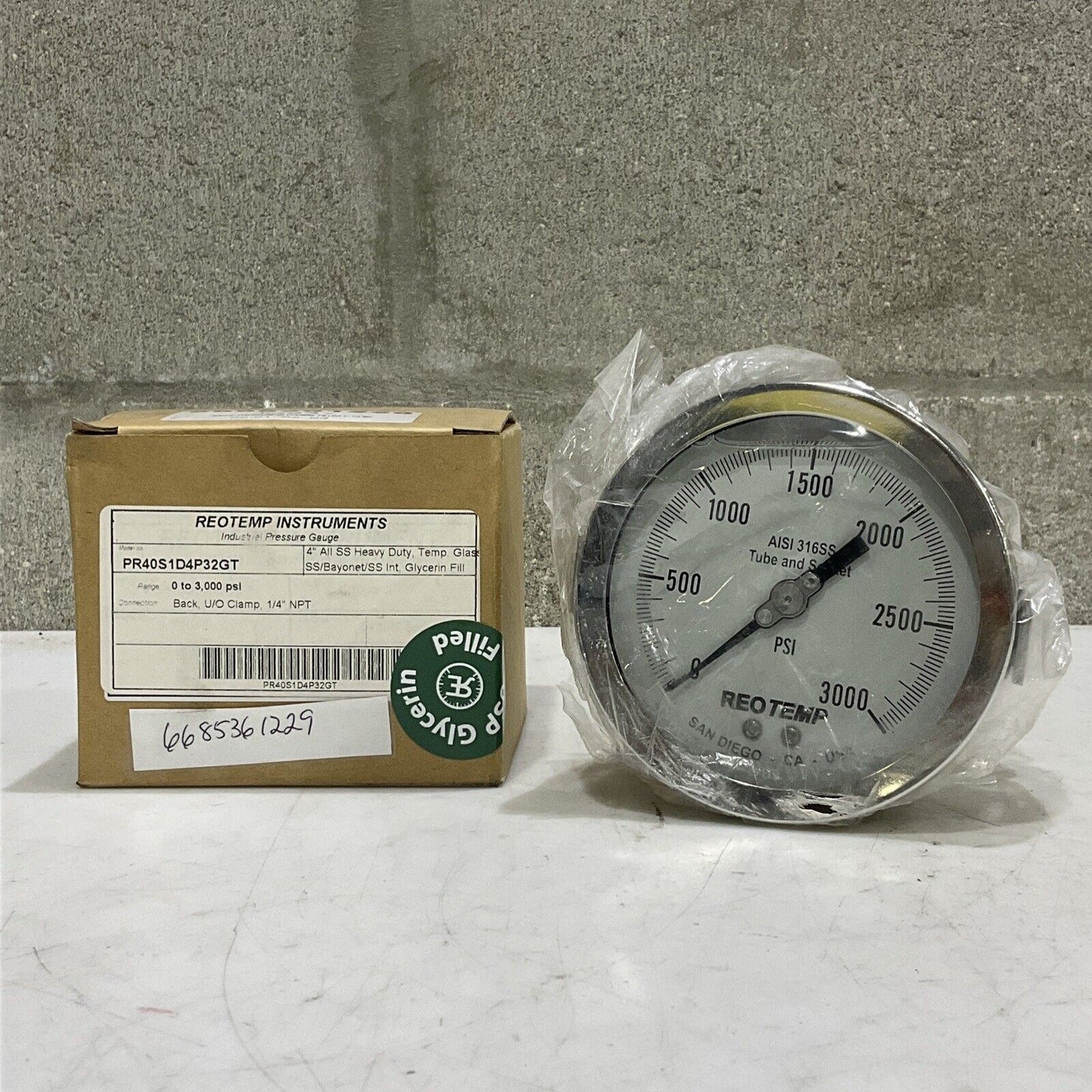 REOTEMP PR40S1D4P32GT PRESSURE GAUGE 0-3,000 PSI 1/4” NPT 4” GLYCERIN FILLED 373