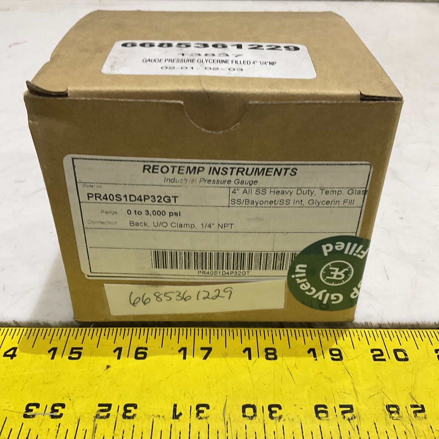 REOTEMP PR40S1D4P32GT PRESSURE GAUGE 0-3,000 PSI 1/4” NPT 4” GLYCERIN FILLED 373