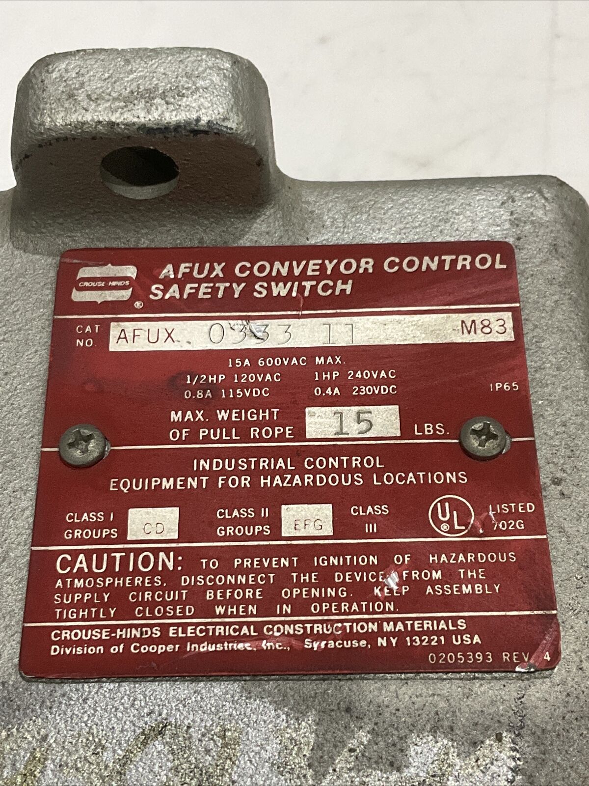 CROUSE HINDS AFUX 0333-11-M83 CONVEYOR CONTROL SAFETY SWITCH 15A 600V 373