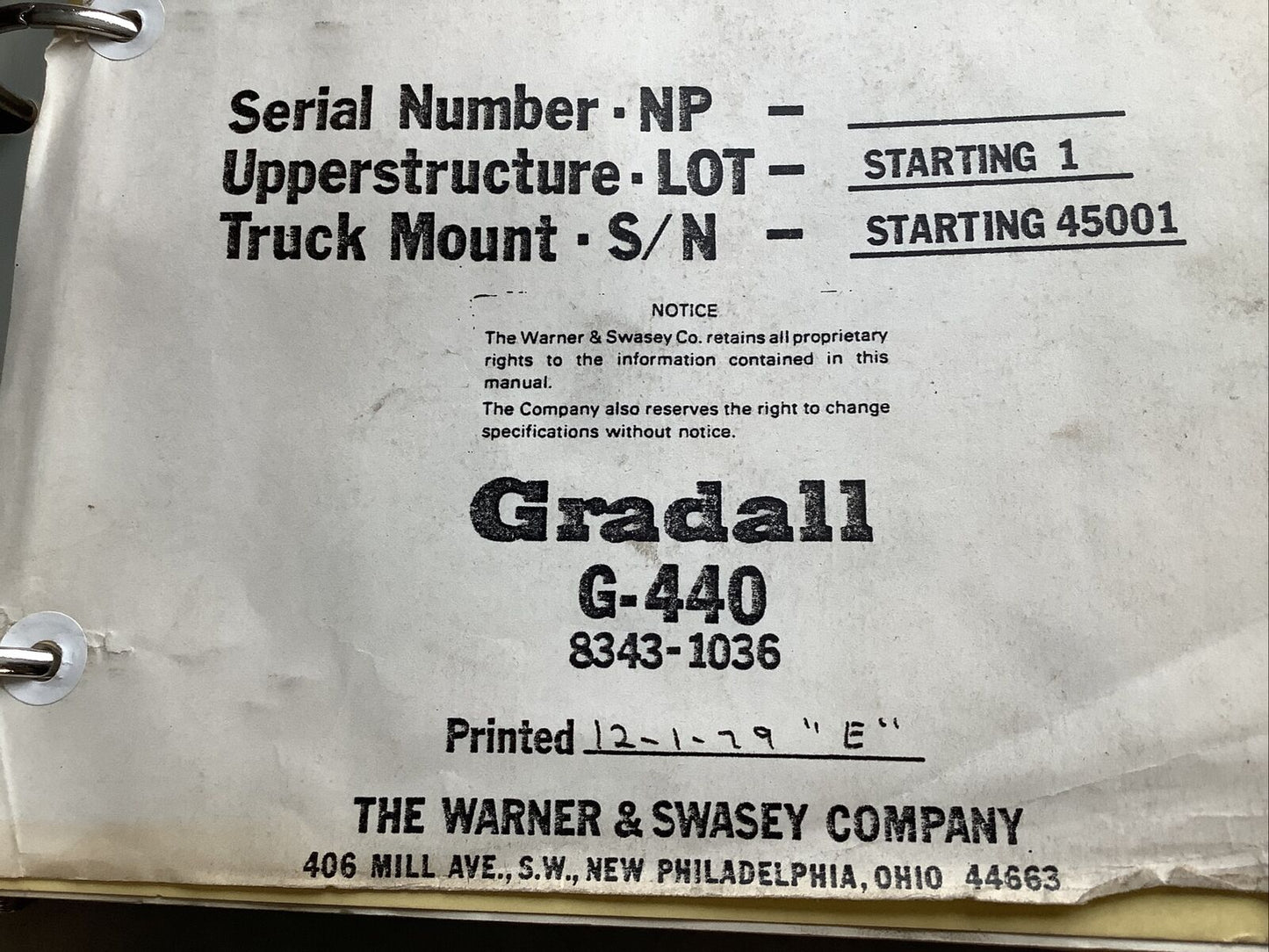 WARNER AND SWASEY GRADALL G-440 PARTS MANUAL B303