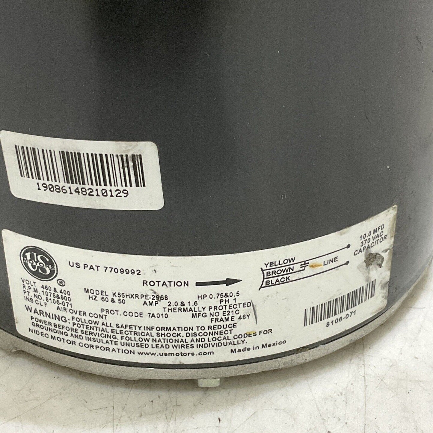 BARD K55HXR PE-2968 8106-071 AC MOTOR 460/400V 60/50HZ 1075/900RPM 1PH 2A 373