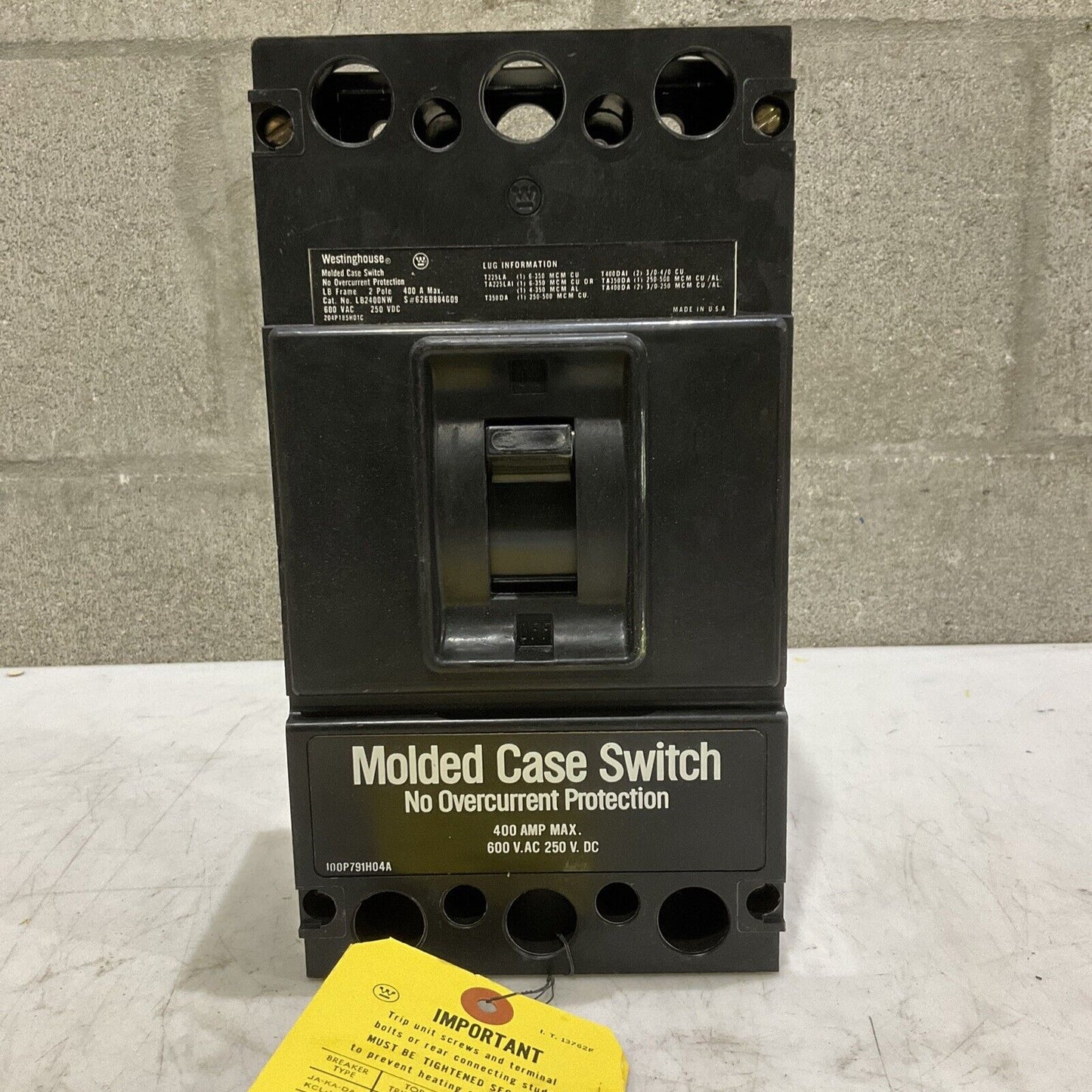 WESTINGHOUSE LB2400NW MOLDED CASE SWITCH 400A 600V 2P  373