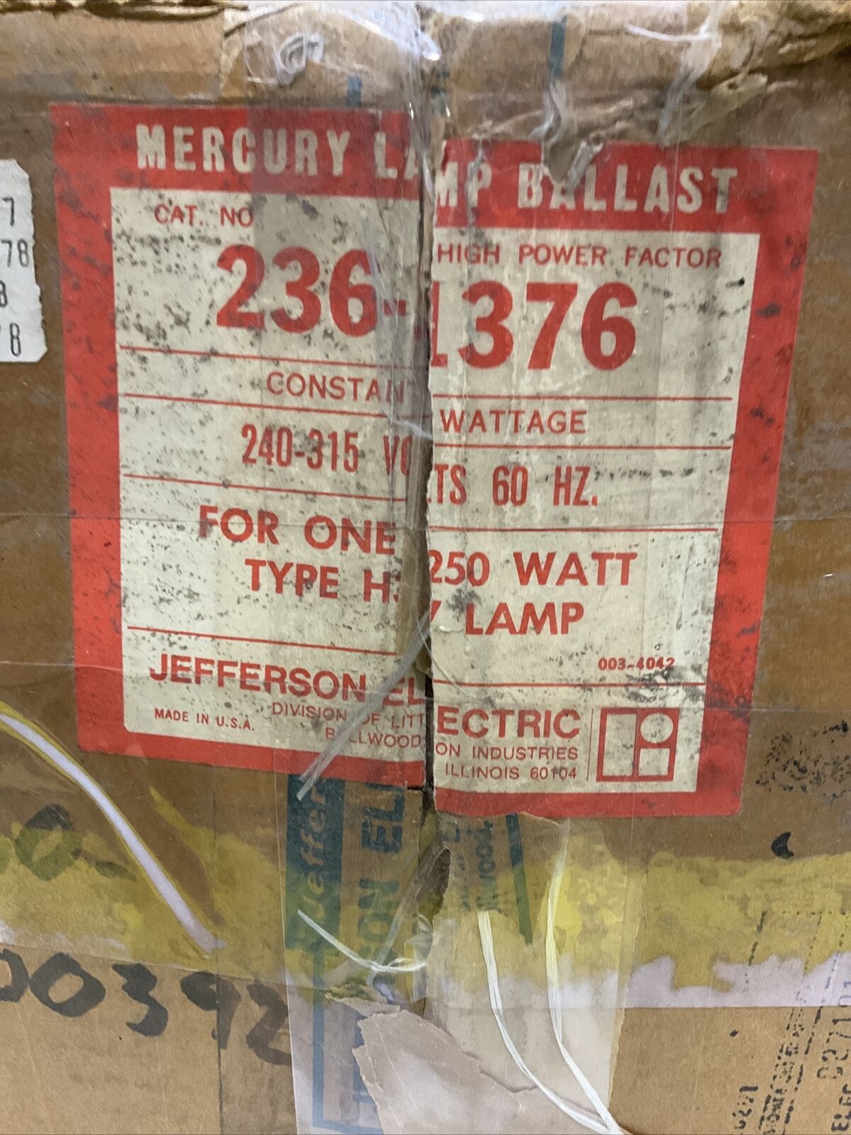 JEFFERSON ELECTRIC 236-1376 MERCURY H.I.D LAMP BALLEST 240-315V 60 HZ 373