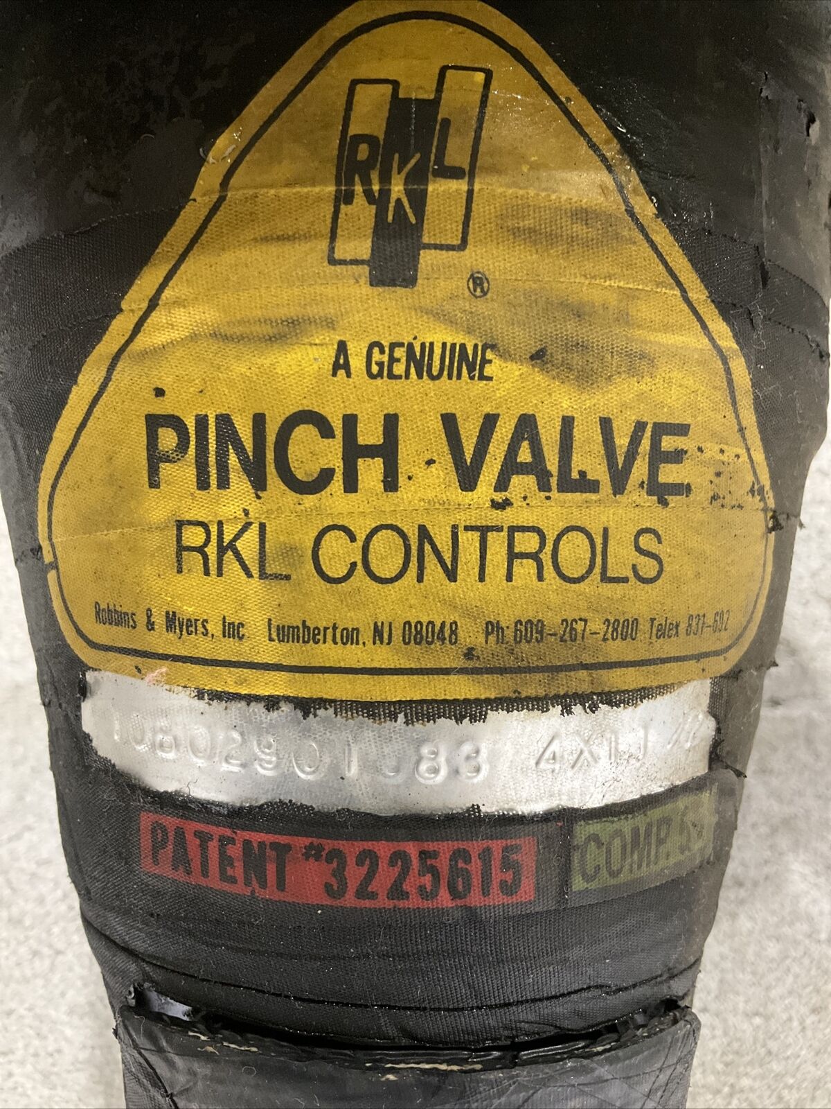 RKL CONTROLS 10B02901583 4X11/2 PINCH VALVE COMP 56 3225615 373