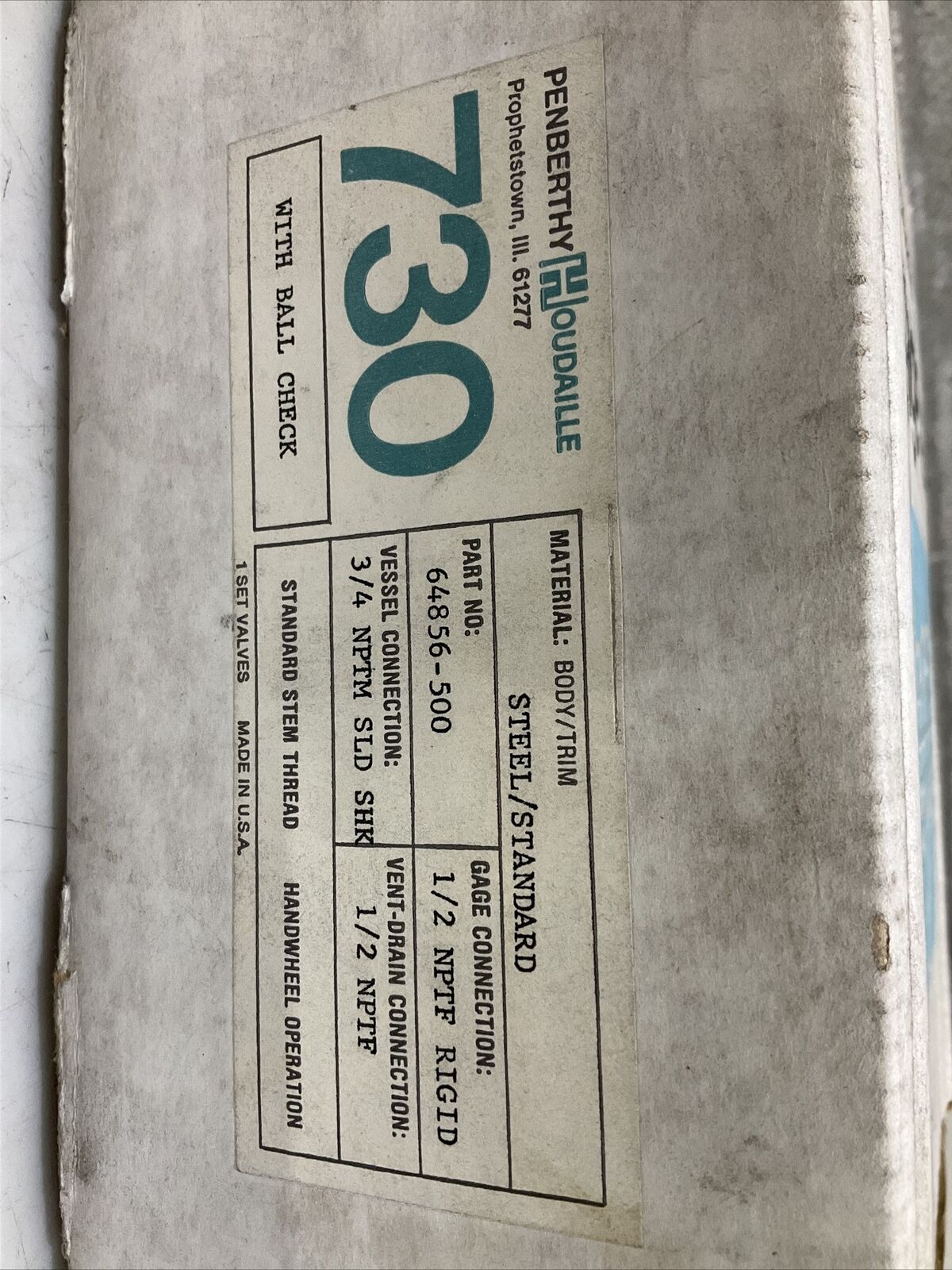 PENBERTHY GAGE VALVES 64856-500 730 VALVE WITH BALL CHECK 1/2” 3/4” LOT OF 2 373