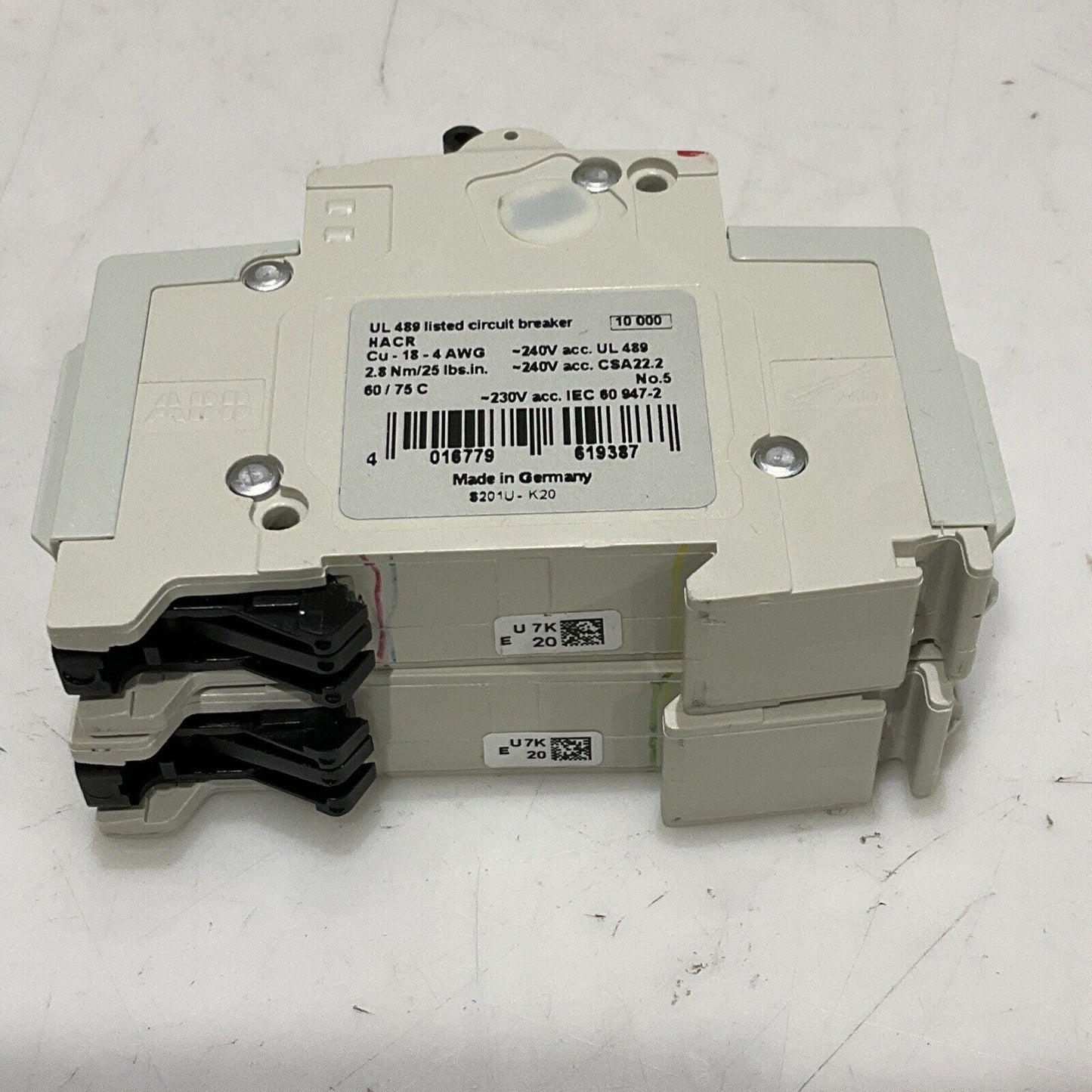 ABB S201-K20 CIRCUIT BREAKER 1 POLE 240V 50/60HZ LOT OF 2 U3S