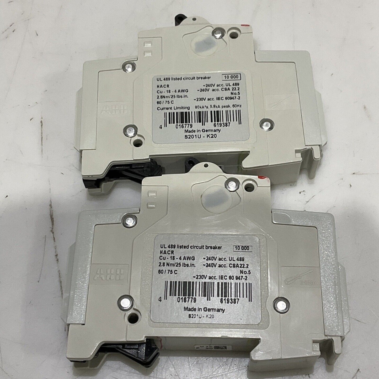 ABB S201-K20 CIRCUIT BREAKER 1 POLE 240V 50/60HZ LOT OF 2 U3S