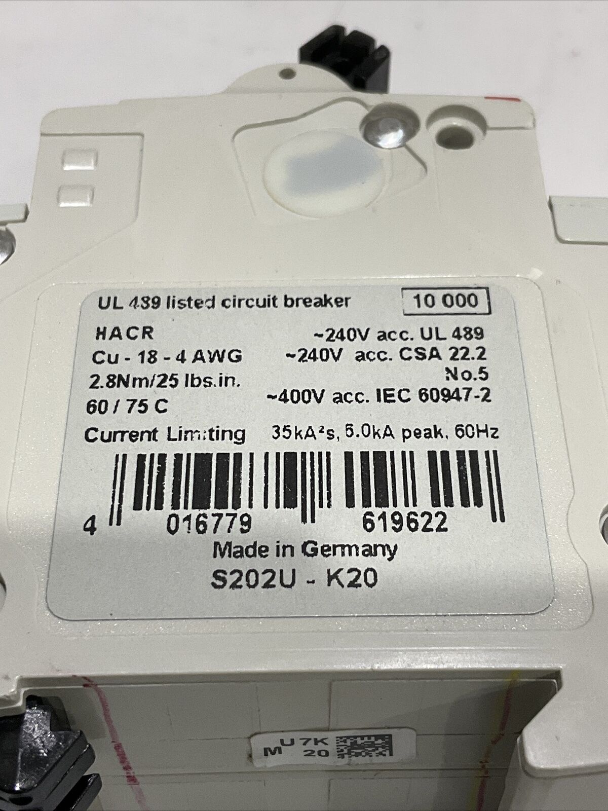 ABB S202U-K20 CIRCUIT BREAKER 240V 50/60HZ 2 POLE U3S