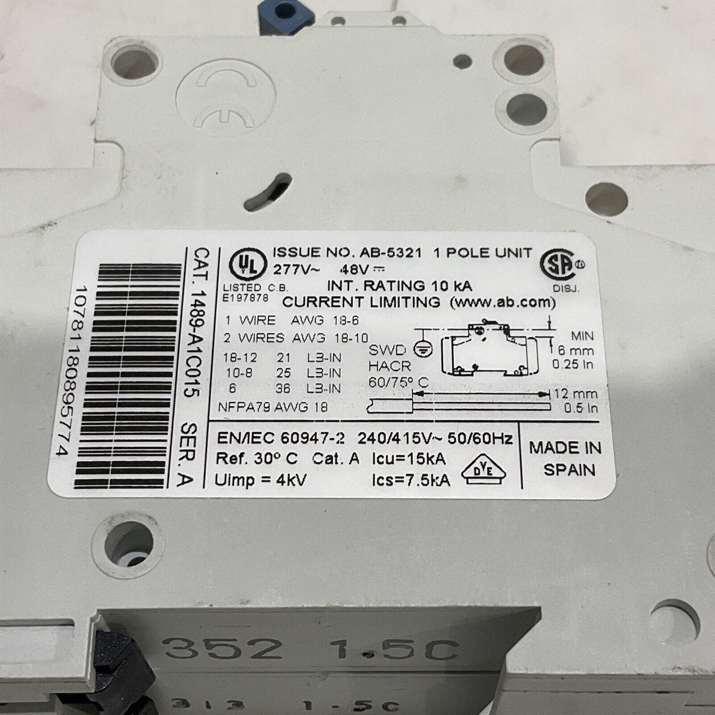 AB 1489-A AB-5321 CIRCUIT BREAKER 1 POLE UNIT 50/60HZ 240/415V LOT OF 2 U3S