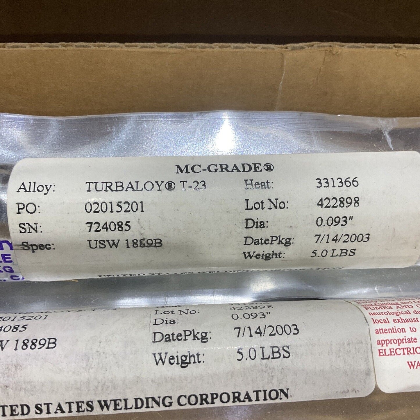 MC-GRADE T-23 TURBALOY MIL-DTL-117H WELDING WIRE .093 DIA 36L 25LB 350 EA 373