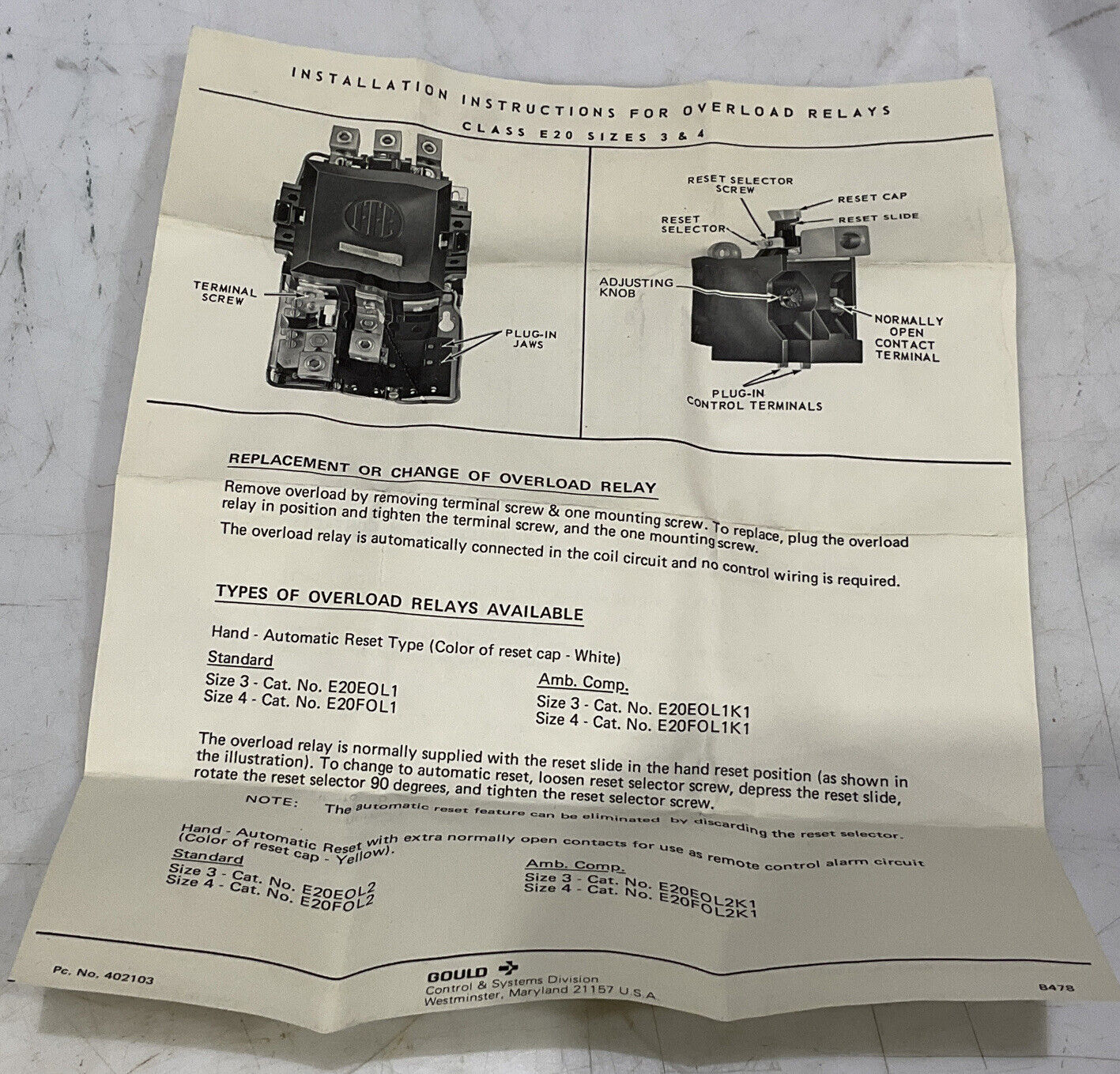GOULD E20E0L2K1 I-T-E OVERLOAD RELAY KIT LOT OF 2 373