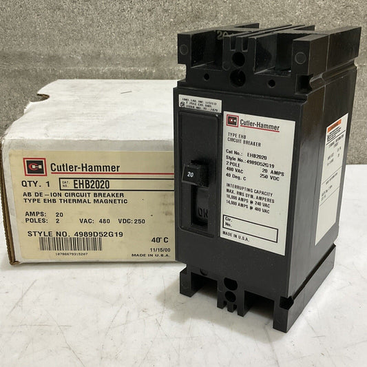 CUTLER HAMMER EHB2020 CIRCUIT BREAKER AB DE-ION THERMAL MAGNETIC EHB 20A 2P 373