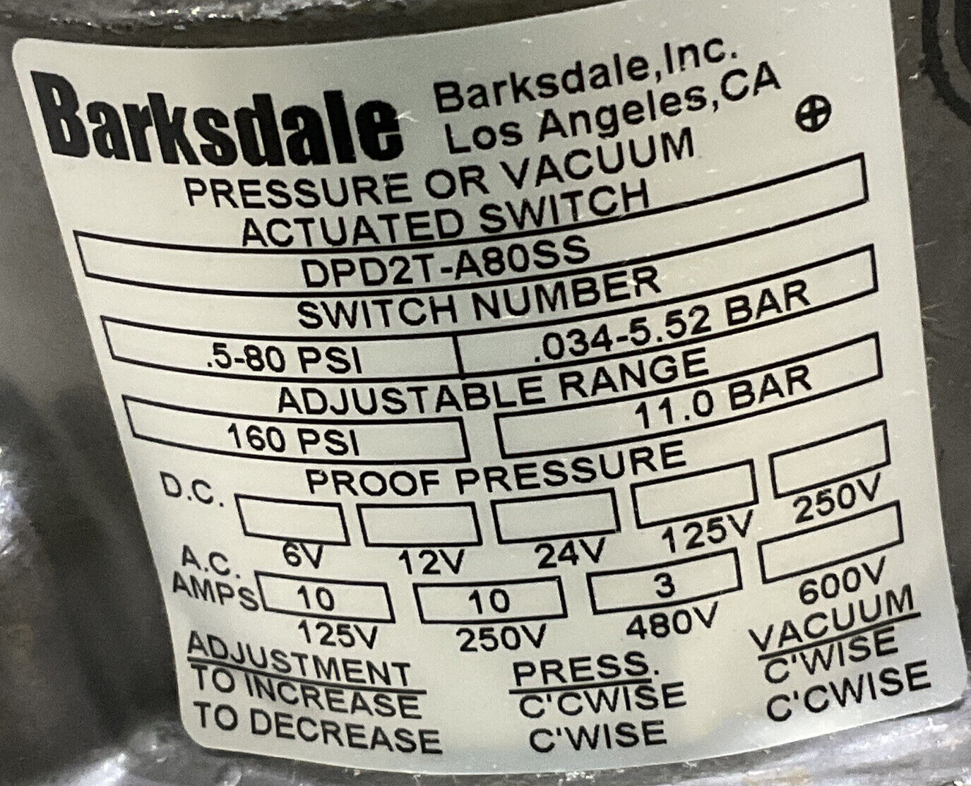 BARKSDALE DPD2T-A80SS PRESSURE OR VACUUM ACTUATED PRESSURE SWITCH 373