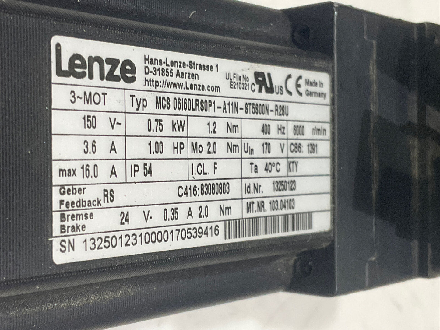 LENZE MCS 06160LRS0P1-A11N-ST5800N-R2SU SERVO MOTOR D-31855 400HZ 150V U3S