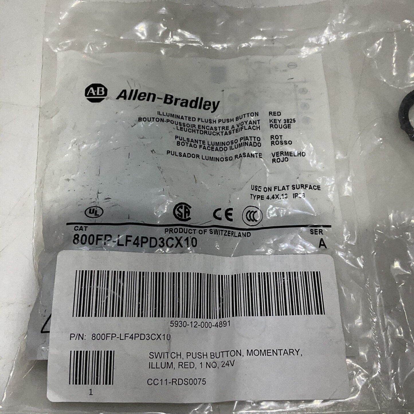 AB 800FP-LF4PD3CX10 RED ILLUMINATED FLUSH PUSH BUTTON SWITCH 24V U3S
