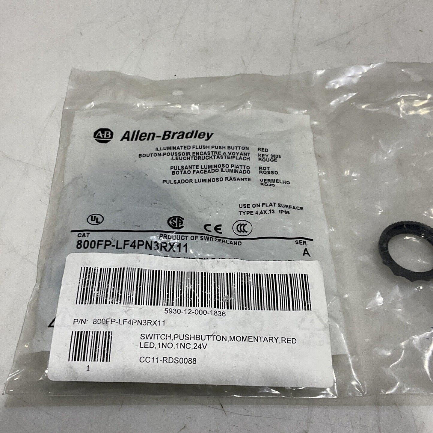 AB ALLEN BRADLEY 800FP-LF4PN3RX11 ILLUMINATED FLUSH PUSH BUTTON RED 24V U3S