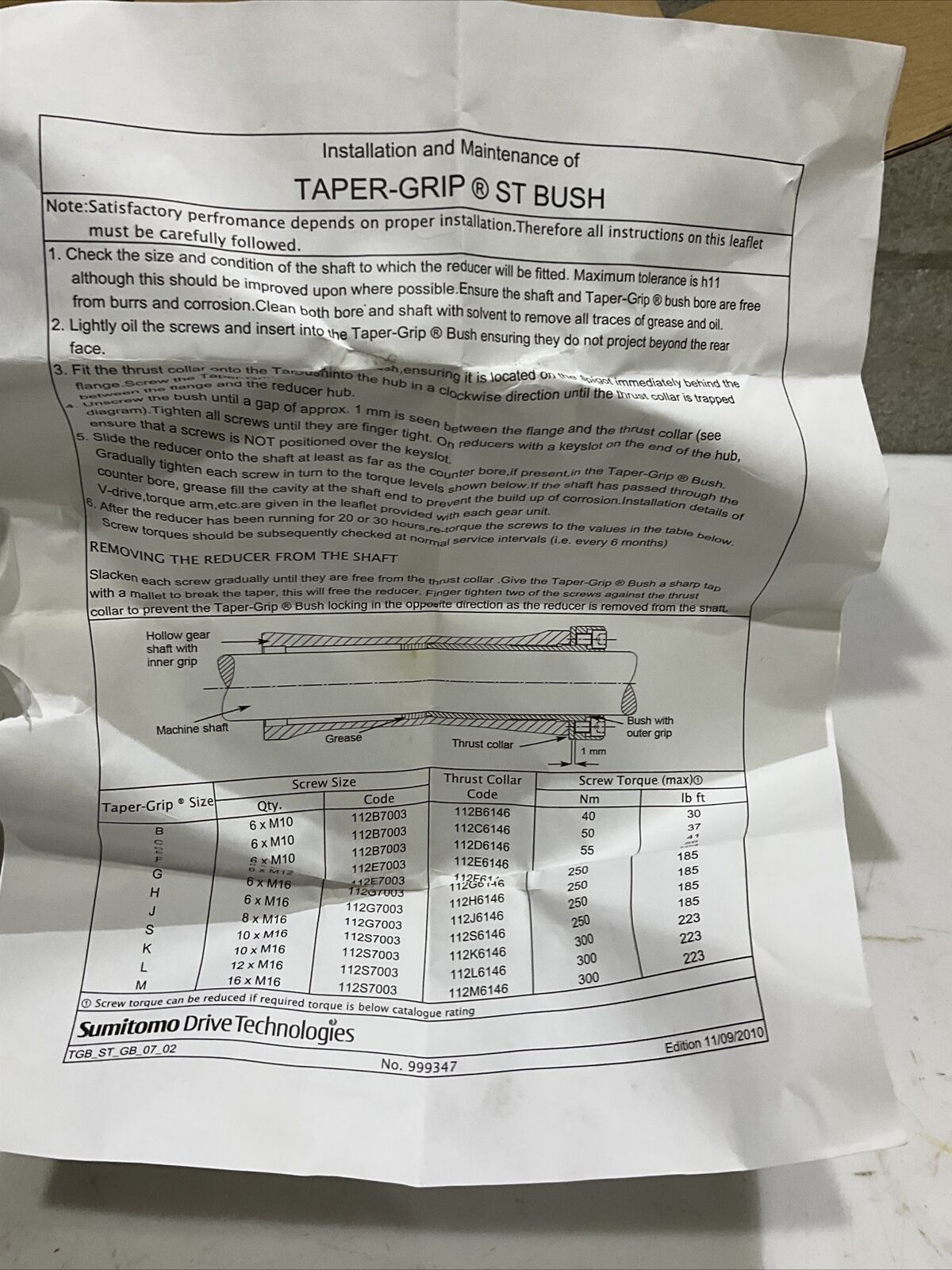 SUMITOMO DRIVE TAPERGRIP G ST BUSHING 2 7/16” 373