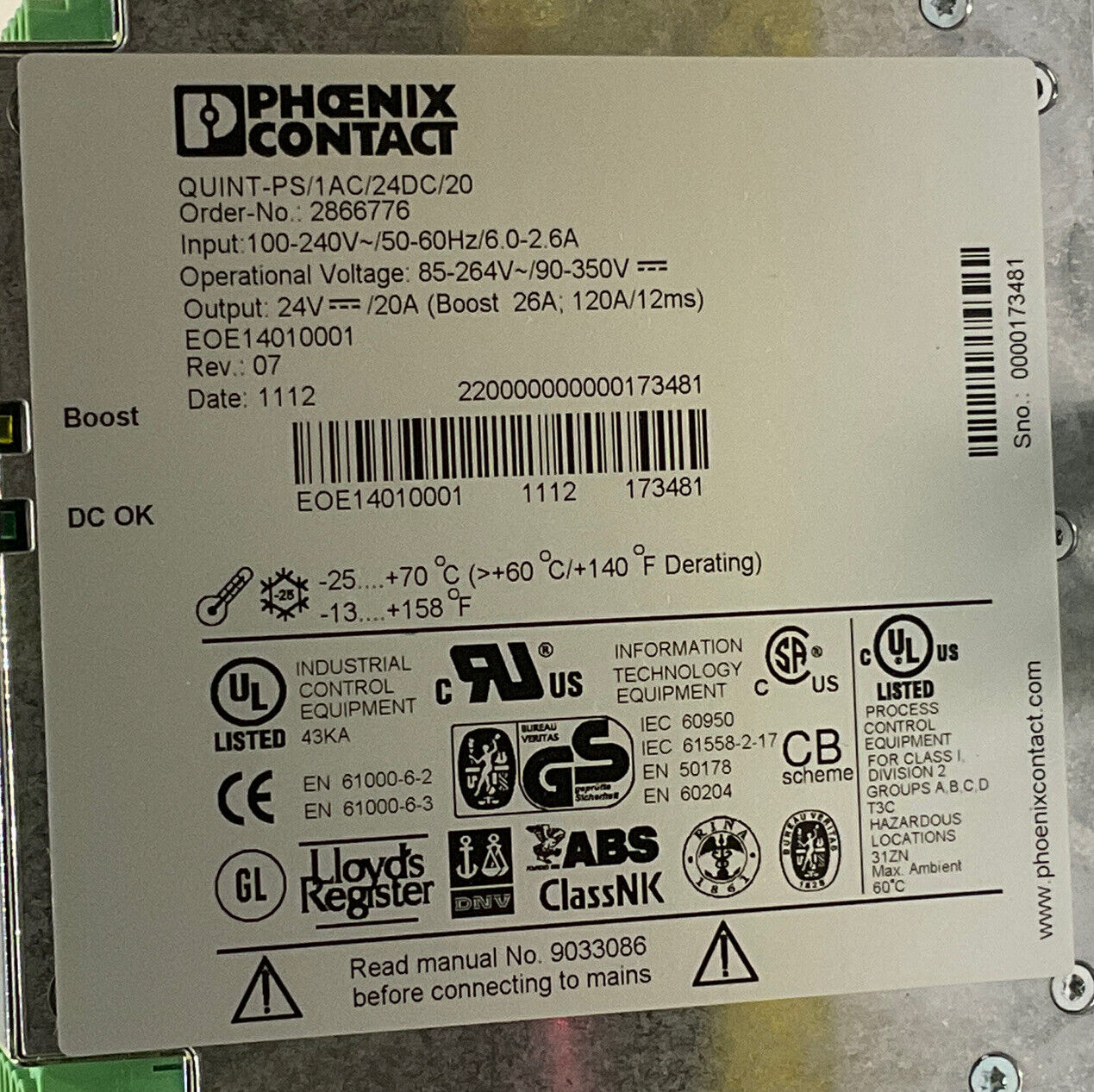 PHOENIX CONTACT 167K087H01 EOE14010001 REV 07 50/60HZ POWER SUPPLY ASSEMBLY U3S