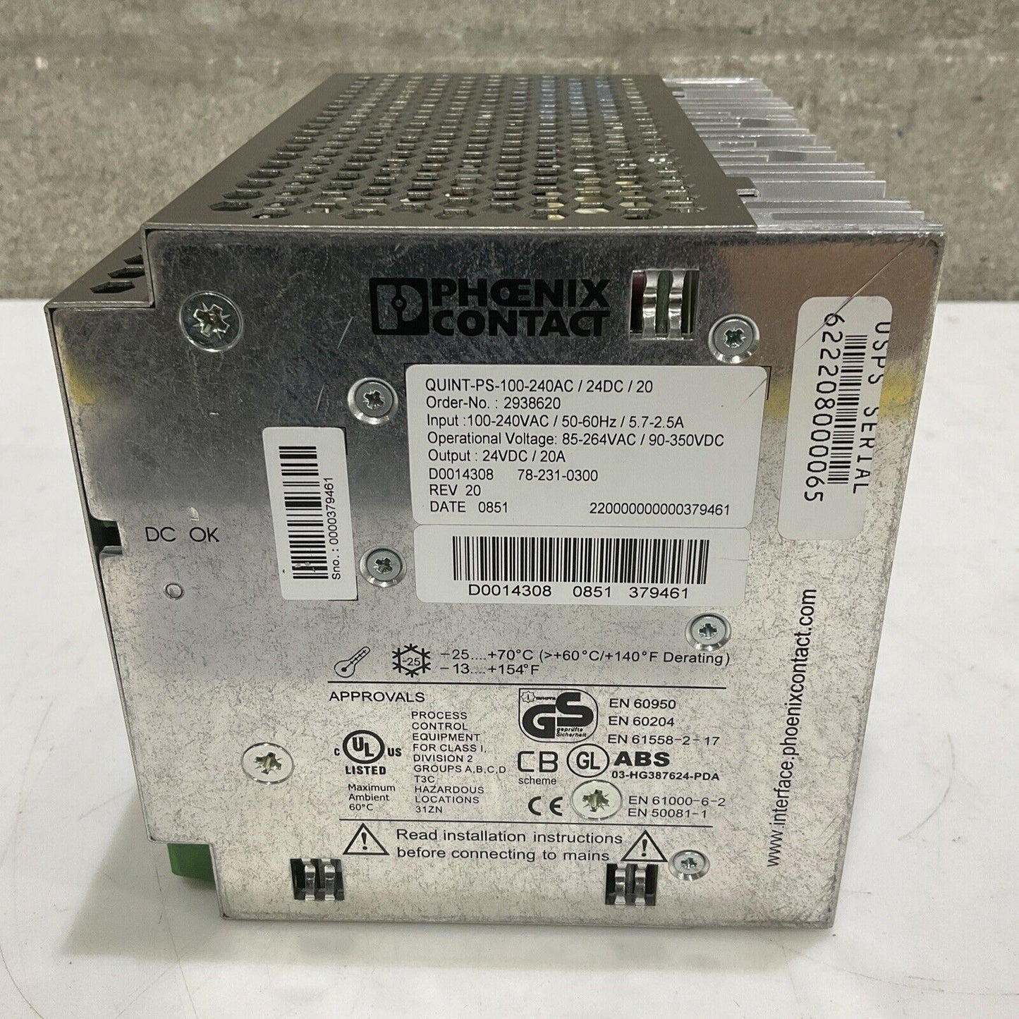 PHOENIX CONTACT 2938620 QUINT-PS-100-240AC POWER SUPPLY 50/60 HZ U3S