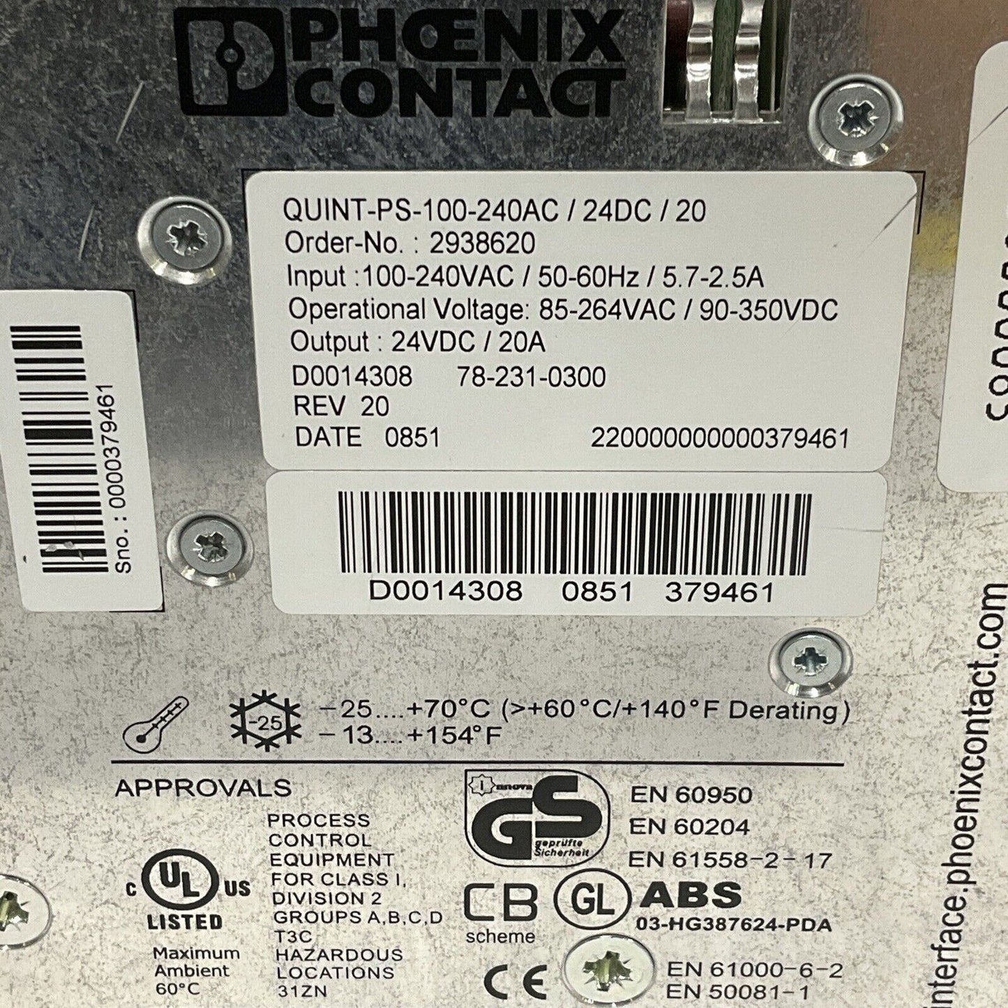 PHOENIX CONTACT 2938620 QUINT-PS-100-240AC POWER SUPPLY 50/60 HZ U3S
