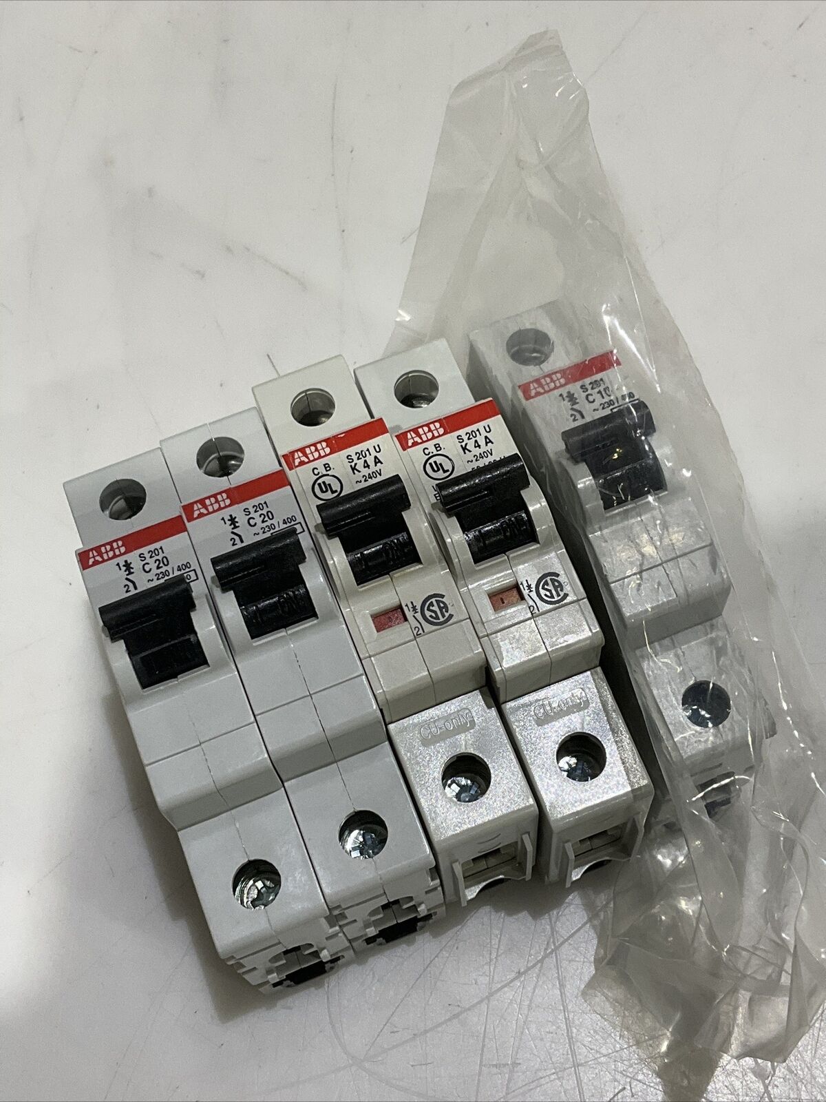 ABB MINI CIRCUIT BREAKERS S201U-K S201-C20 2201U-K4 S201-C10 LOT OF 5 U3S