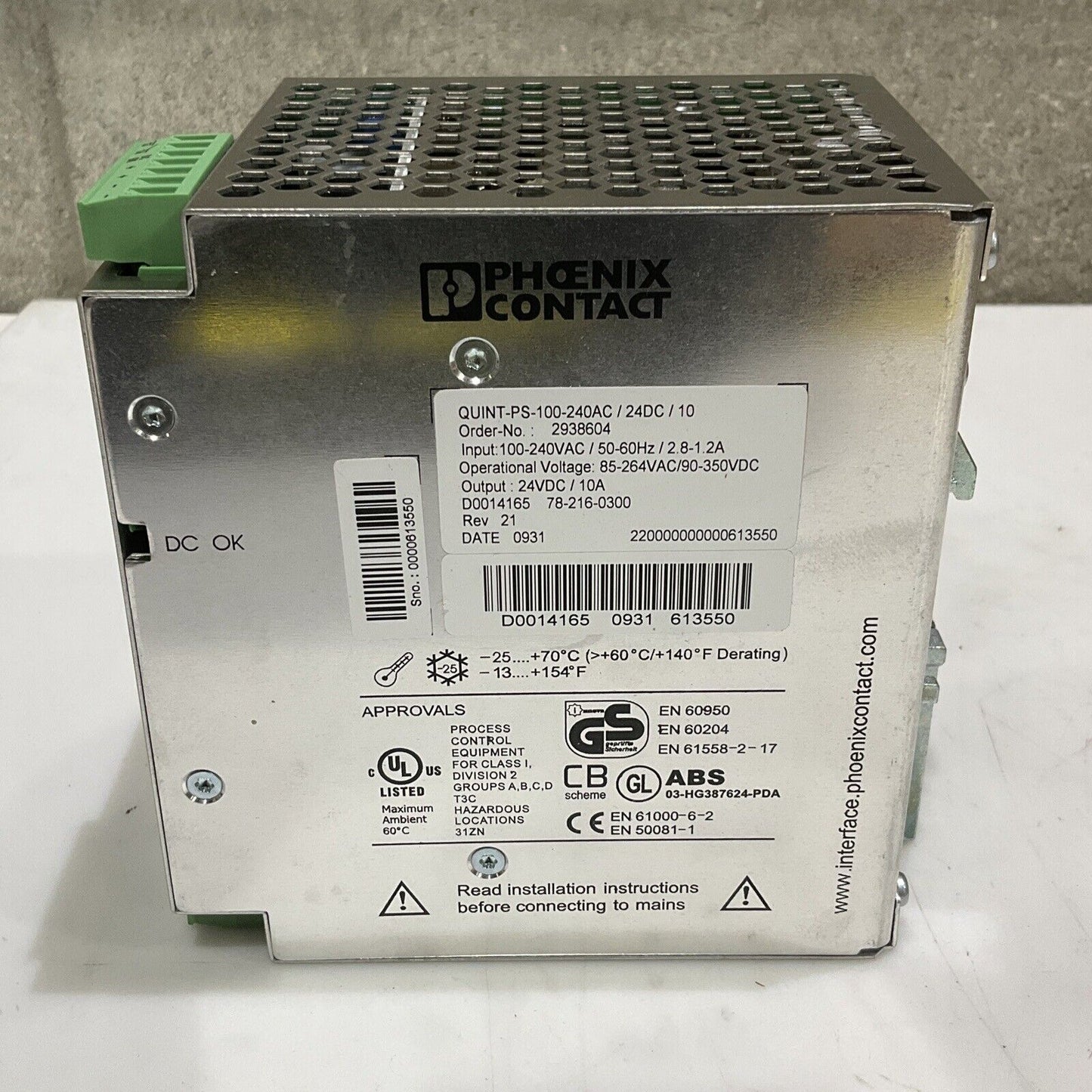 PHOENIX CONTACT 293604 POWER SUPPLY QUINT-PS-100-240AC 50-60 HZ 2.8-1.2A U3S