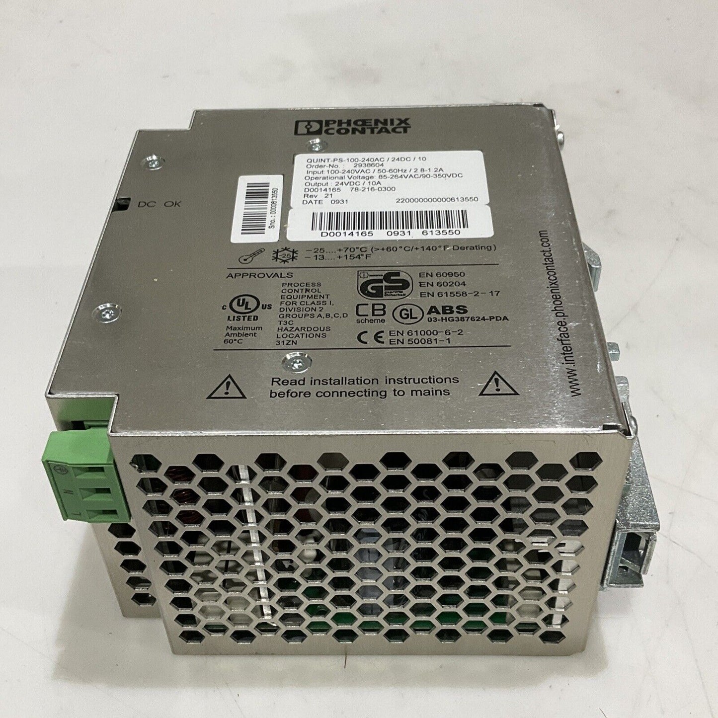 PHOENIX CONTACT 293604 POWER SUPPLY QUINT-PS-100-240AC 50-60 HZ 2.8-1.2A U3S