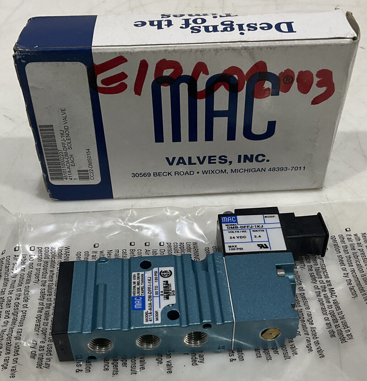 MAC 411A-A0A-DM-DFFJ-1KJ PNEUMATIC SOLENOID AIR VALVE U3S