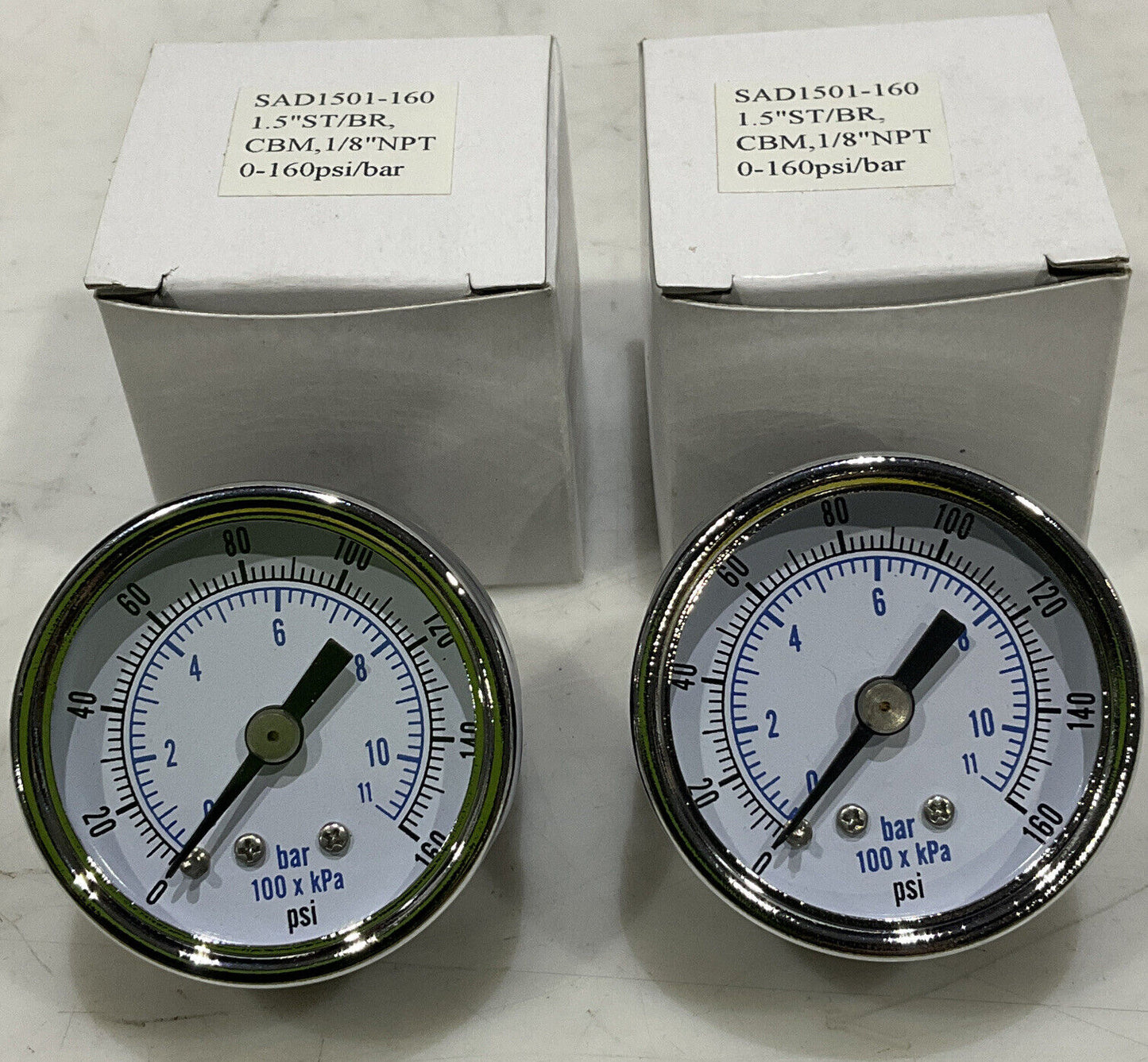 SAD150-160 1.5” ST/BR CBM 1/8” NPT 0-160PSI/BAR PRESSURE GUAGE LOT OF 2 U3S