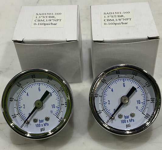 SAD150-160 1.5” ST/BR CBM 1/8” NPT 0-160PSI/BAR PRESSURE GUAGE LOT OF 2 U3S