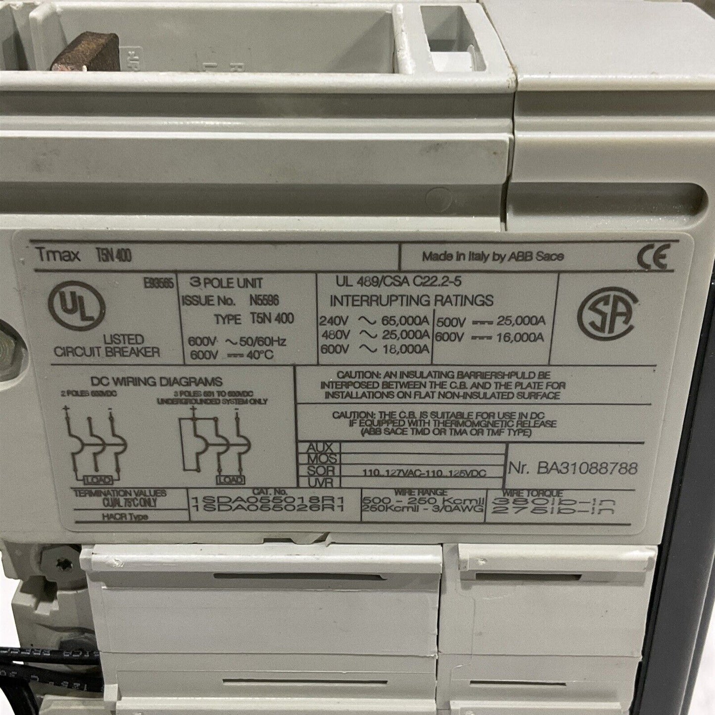 ABB TMAX T5N 300A 400 T5N300TWS4 SACE TMAX T5 N 400 CASE CIRCUIT BREAKER U3S