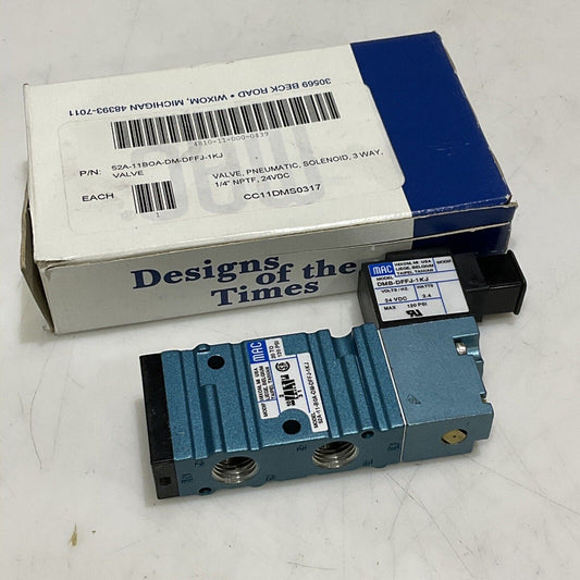 MAC 52A-11-B0A-DM-DFFJ-1KJ SOLENOID PNEUMATIC VALVE 3 WAY 1/4” NPFY 24VDC U3S