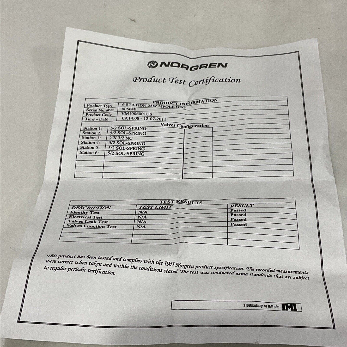 NORGREN VM1006001US VM10 6-ST VLC STK VALVE STACK ASSEMBLY U3S