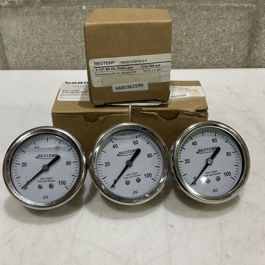 REOTEMP PM25C1C4P18-G-P GLYCERIN FILLED PRESSURE GAUGE 2.5” 100PSI LOT OF 3 373