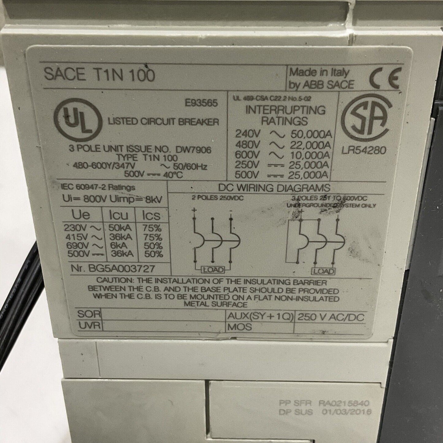 ABB SACE T1N 100 TMAX T1 N 100 CIRCUIT BREAKER 40A 3P U3S