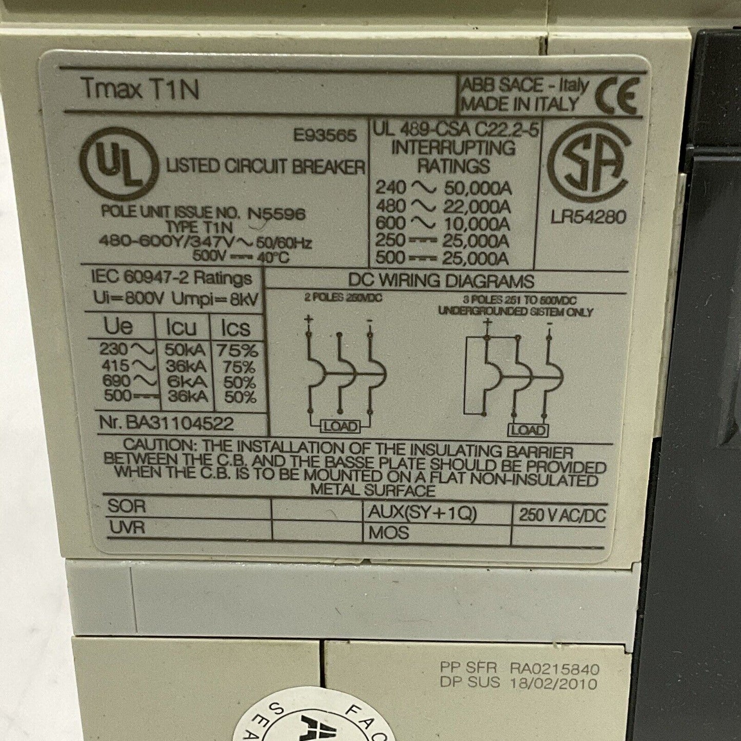 ABB SACE TMAX T1N CIRCUIT BREAKER AUX SWITCH 40A 3P 50/60HZ U3S