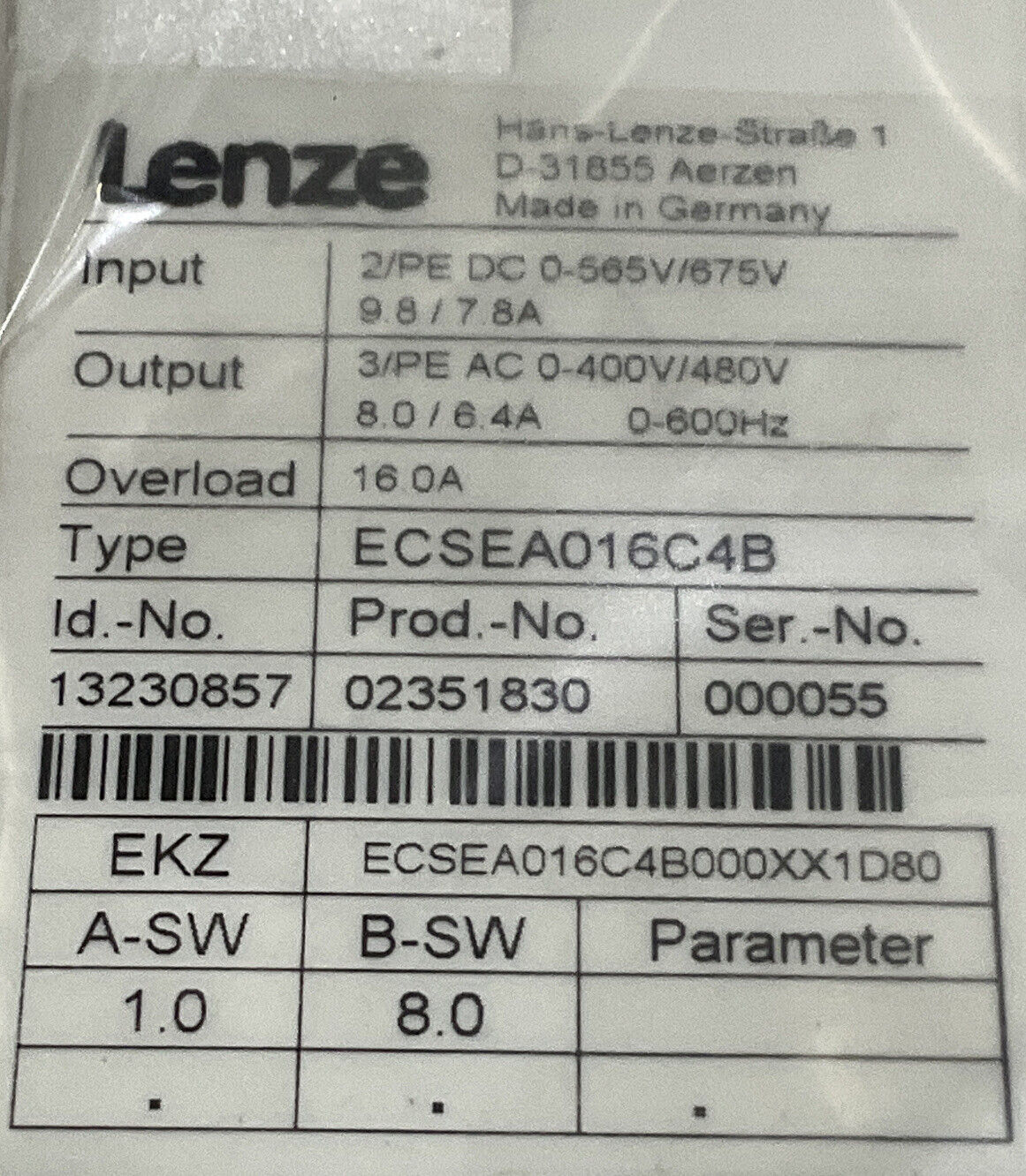 LENZE ECSEA016C4B SERVO DRIVE MOTOR CONTROLLER INVERTER U3S