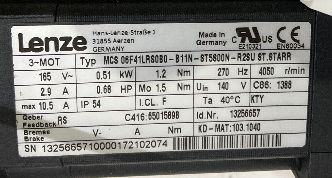 LENZE MCS 069F41LRS0B0-B11N-ST5S00N-R2SU SERVO MOTOR W/ BRACKET U3S