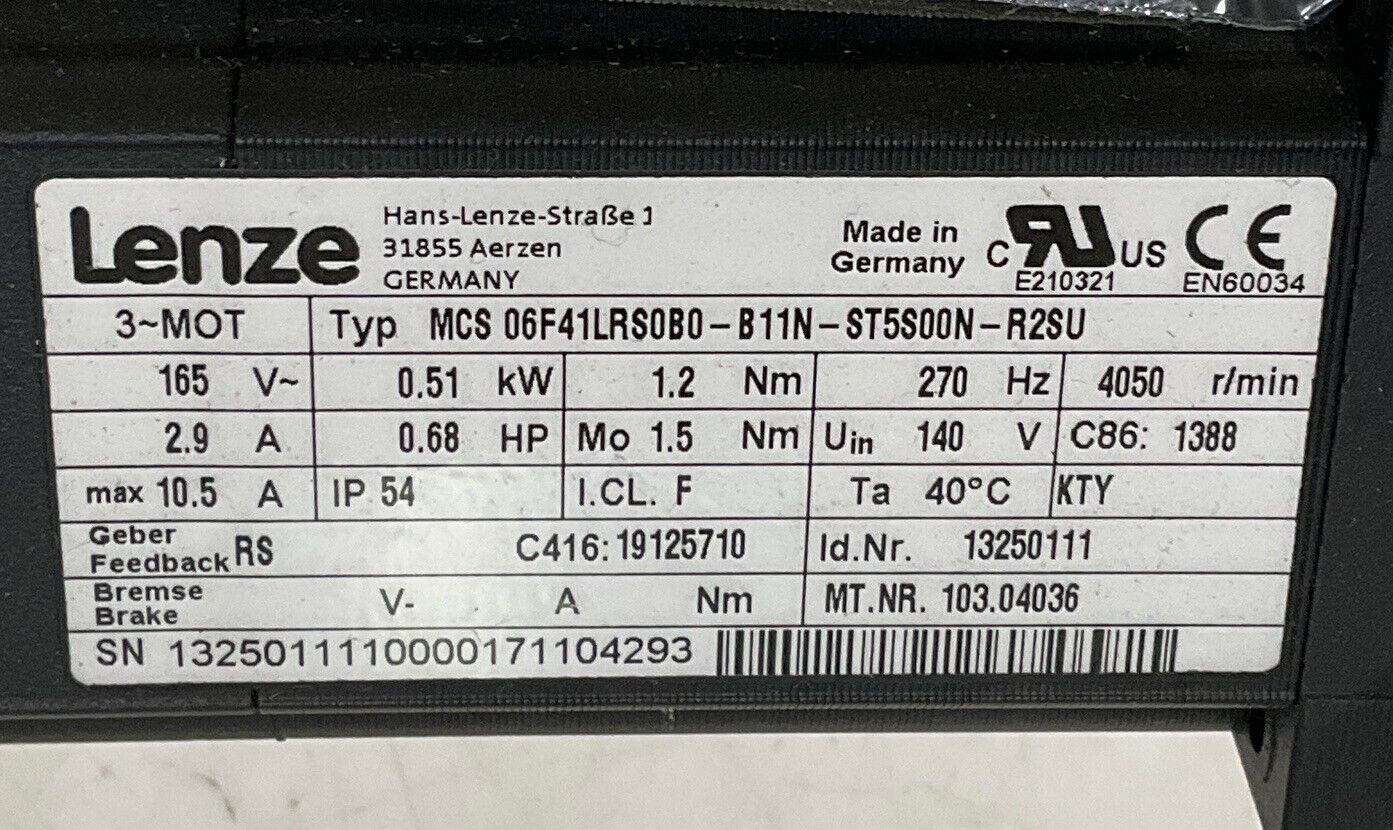 LENZE MCS 069F41LRS0B0-B11N-ST5S00N-R2SU SERVO MOTOR U3S