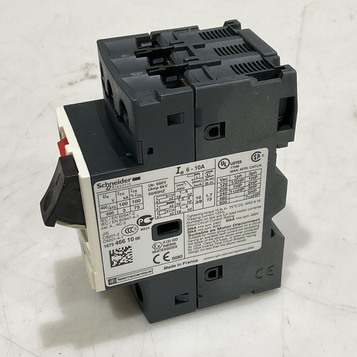 SCHNEIDER ELECTRIC GV2ME14 PROTECTOR MANUAL STARTER 600 VAC 6-10A U3S