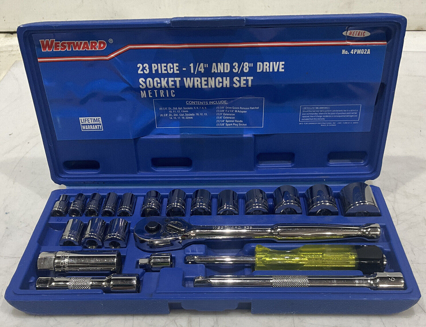 WESTWARD 4PM02A 22 PIECE 1/4” & 3/8” METRIC DRIVE SOCKET WRENCH SET INCOMPLE U3S