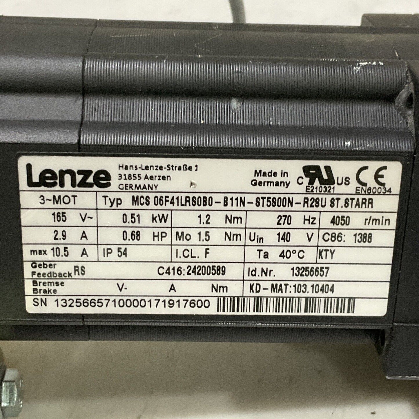 LENZE MCS 06F41LRS0B0-B11N-ST5S00N-R2SU ST.STARR SERVO MOTOR ASSEMBLY U3S