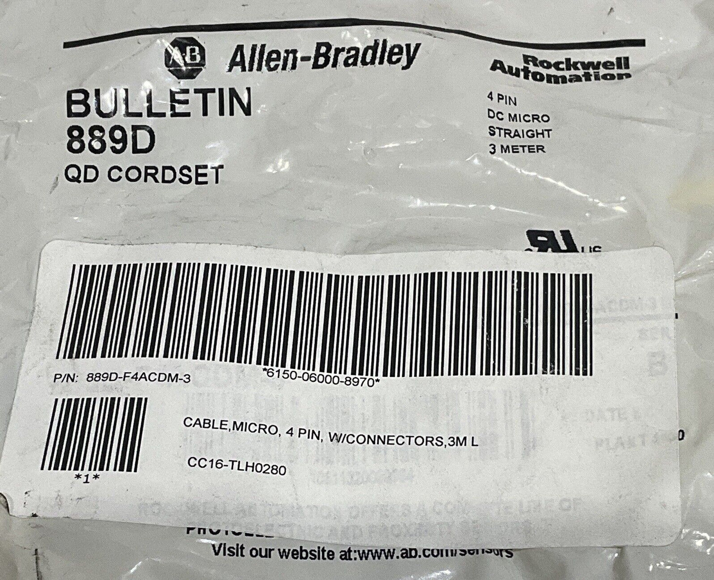 ALLEN-BRADLEY 889D QD CORDSET BULLETIN 3 METER 4 PIN MICRO CABLE U3S