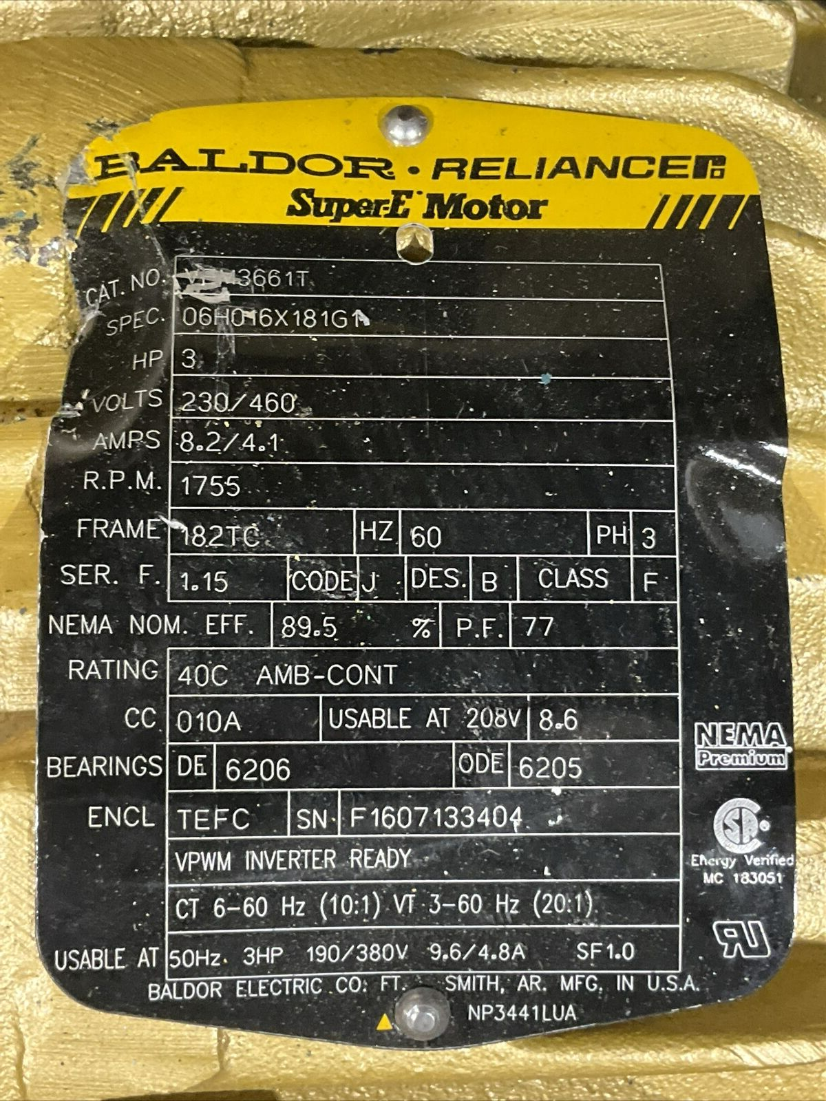 BALDOR RELIANCE VEM3661T SUPER E MOTOR 3 HP 230/460V 8.2/4.1 A 1755 RPM U4M