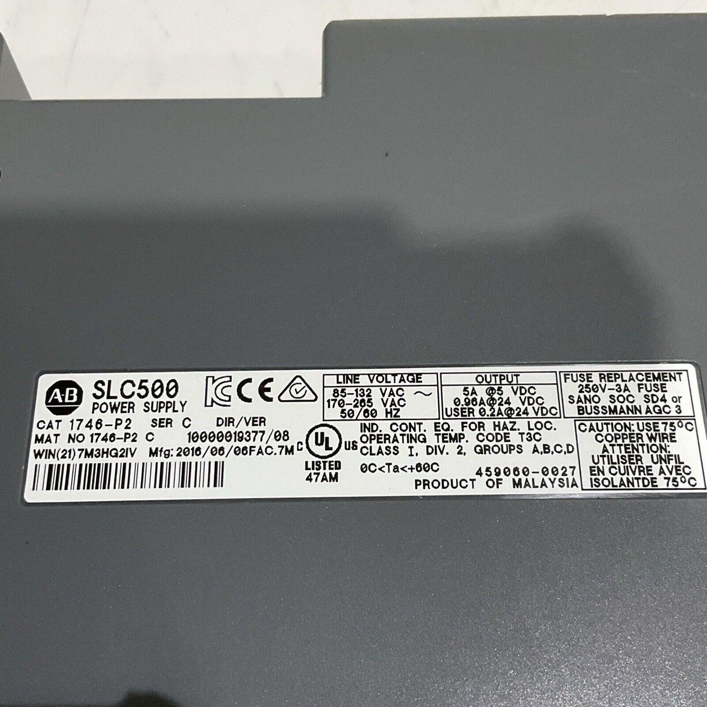 AB ALLEN BRADLEY SLC500 MODULE POWER SUPPLY 1746P2 SERIES C 50/60HZ 132 VAC U4M